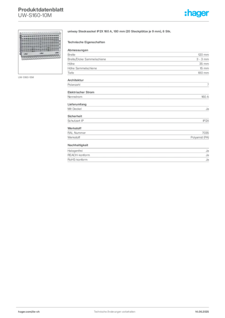 Bild Hager Produktdatenblatt UW-S160-10M | Hager Schweiz