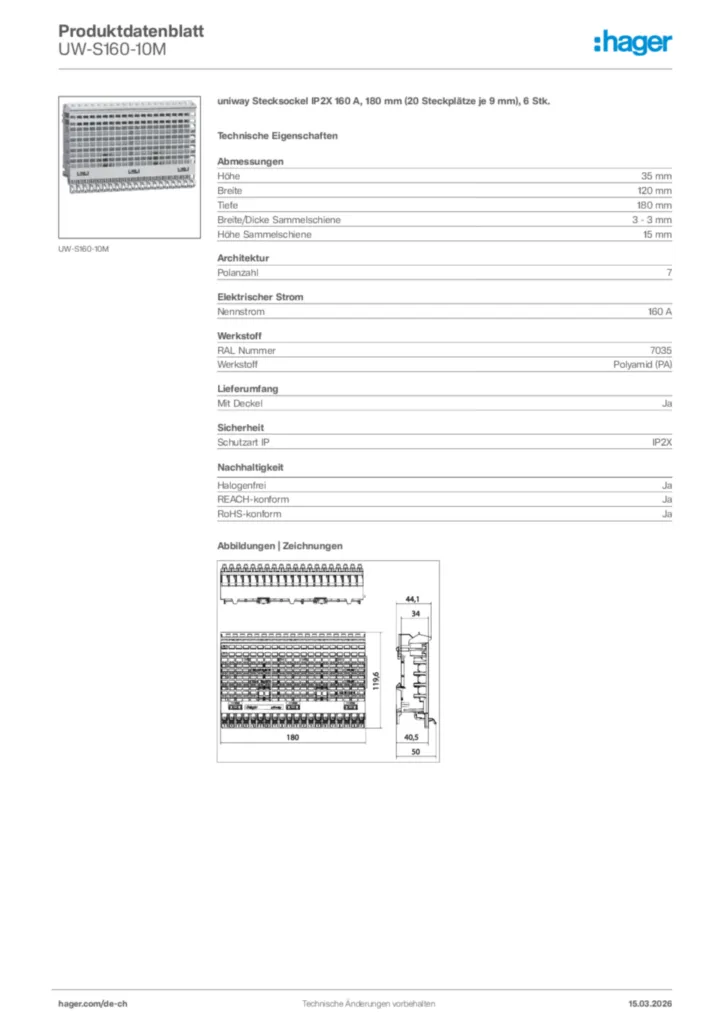 Bild Hager Produktdatenblatt UW-S160-10M | Hager Schweiz