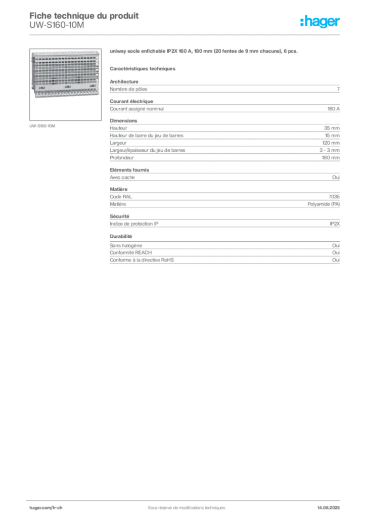 Image Hager Fiche technique du produit UW-S160-10M | Hager Suisse