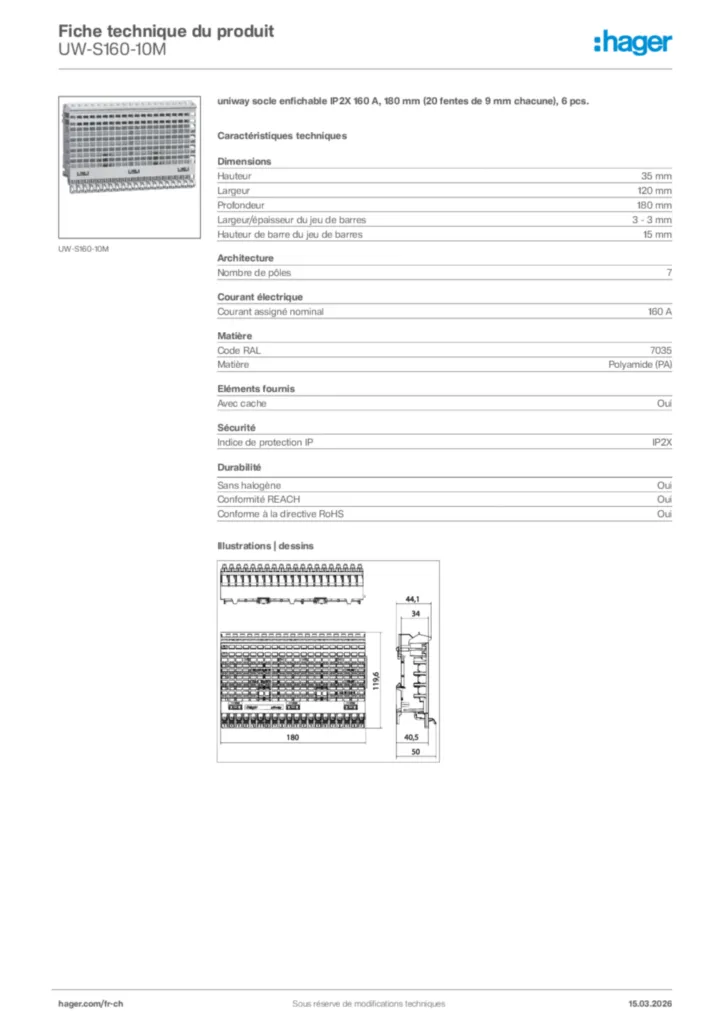 Image Hager Fiche technique du produit UW-S160-10M | Hager Suisse