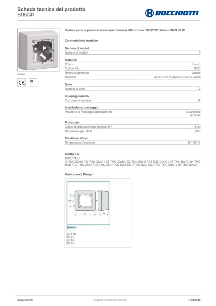 Immagine Bocchiotti Scheda tecnica del prodotto B05241 | Hager Italia