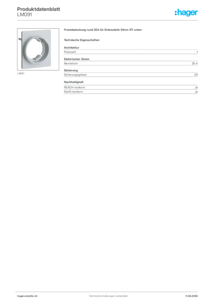 Bild Hager Produktdatenblatt LM091 | Hager Schweiz