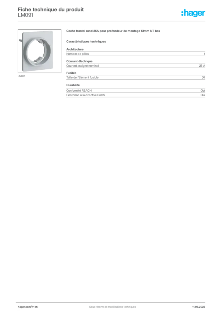 Image Hager Fiche technique du produit LM091 | Hager Suisse
