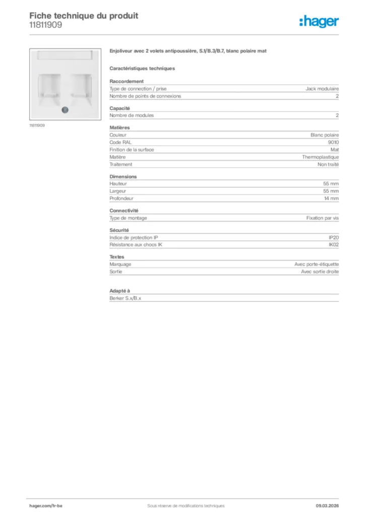 Image Hager Fiche technique du produit 11811909 | Hager Belgique