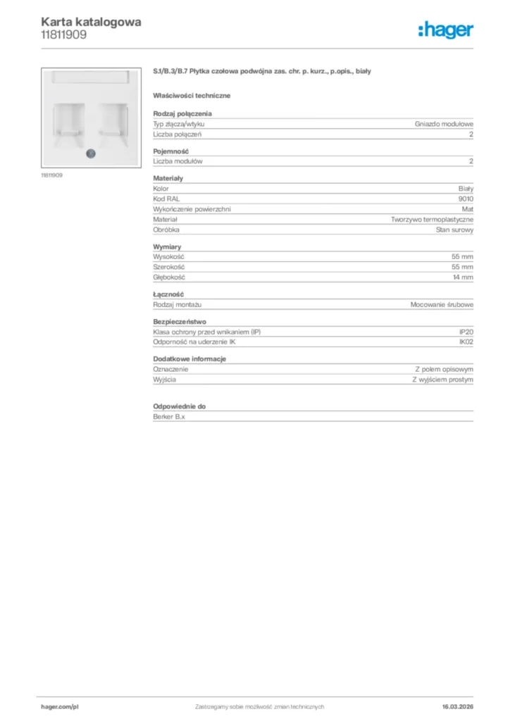 Zdjęcie Hager Karta katalogowa 11811909 | Hager Polska