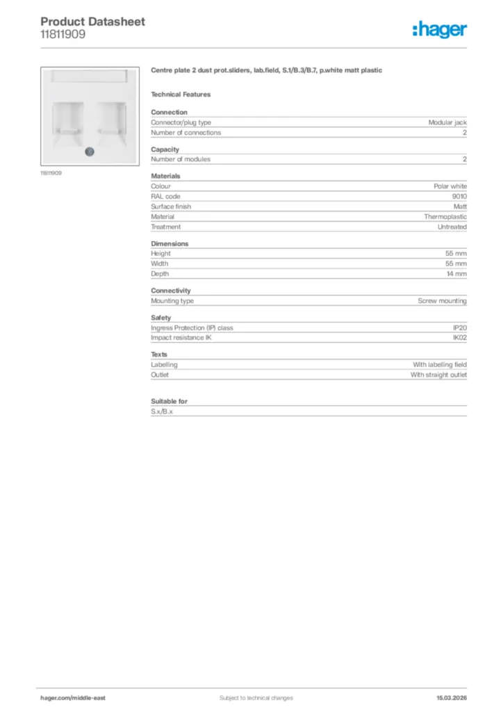 Image Hager Product data sheet 11811909  | Hager
