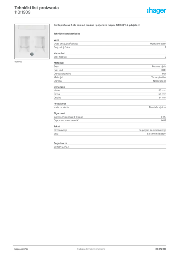 Slika Hager Product data sheet 11811909  | Hager