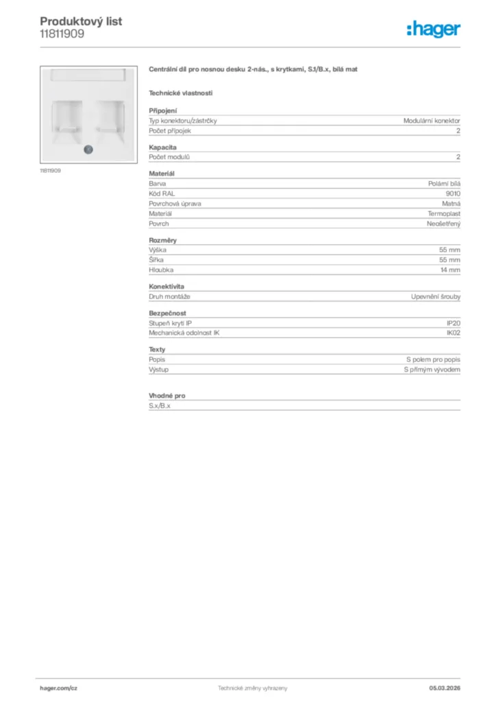 Obrázek Hager Product data sheet 11811909 | Hager