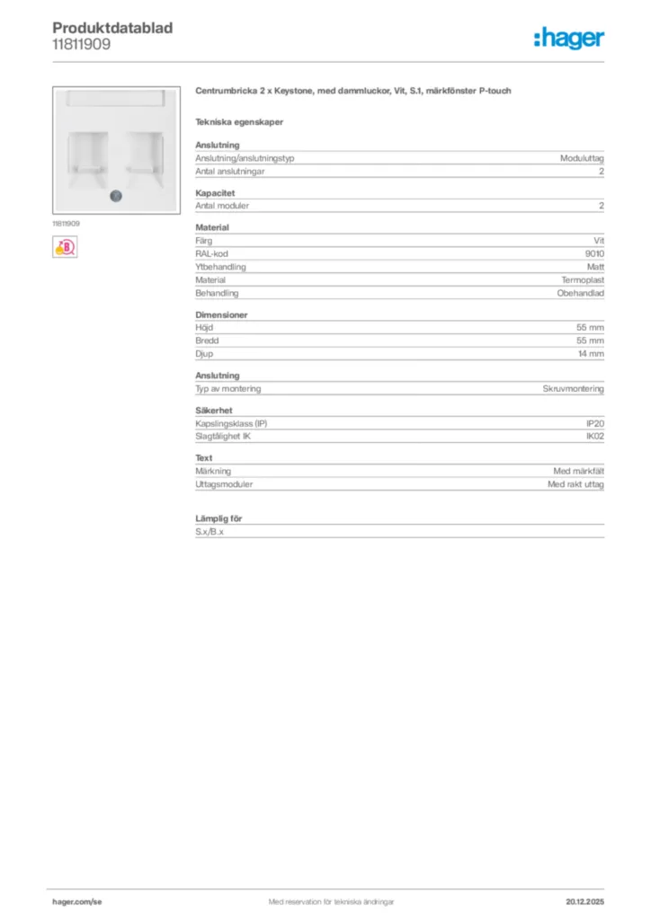 Bild Hager Produktdatablad 11811909 | Hager Sverige