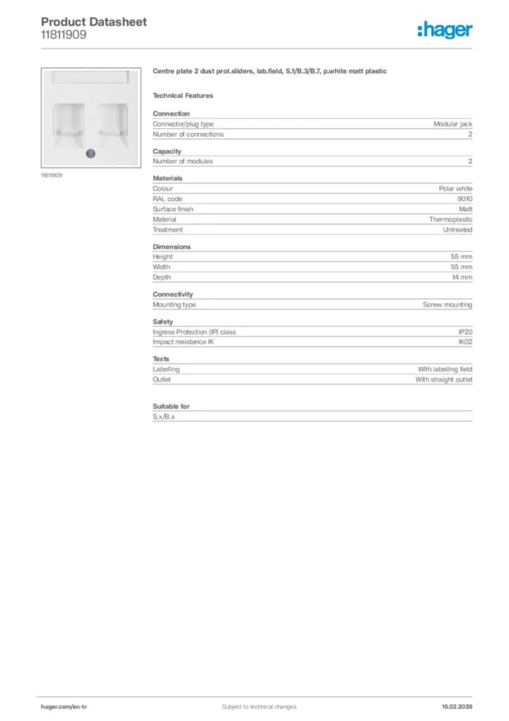 Image Hager Product data sheet 11811909  | Hager