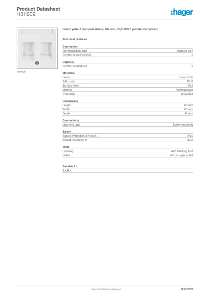 Image Hager Product data sheet 11811909  | Hager