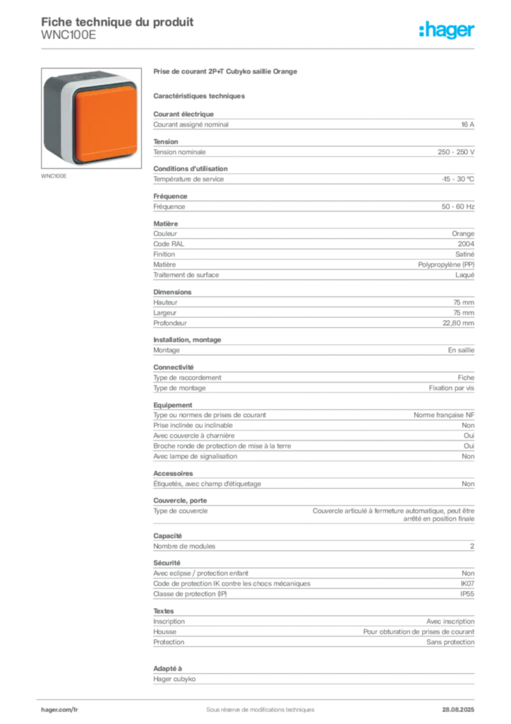 Image Hager Fiche technique du produit WNC100E | Hager France