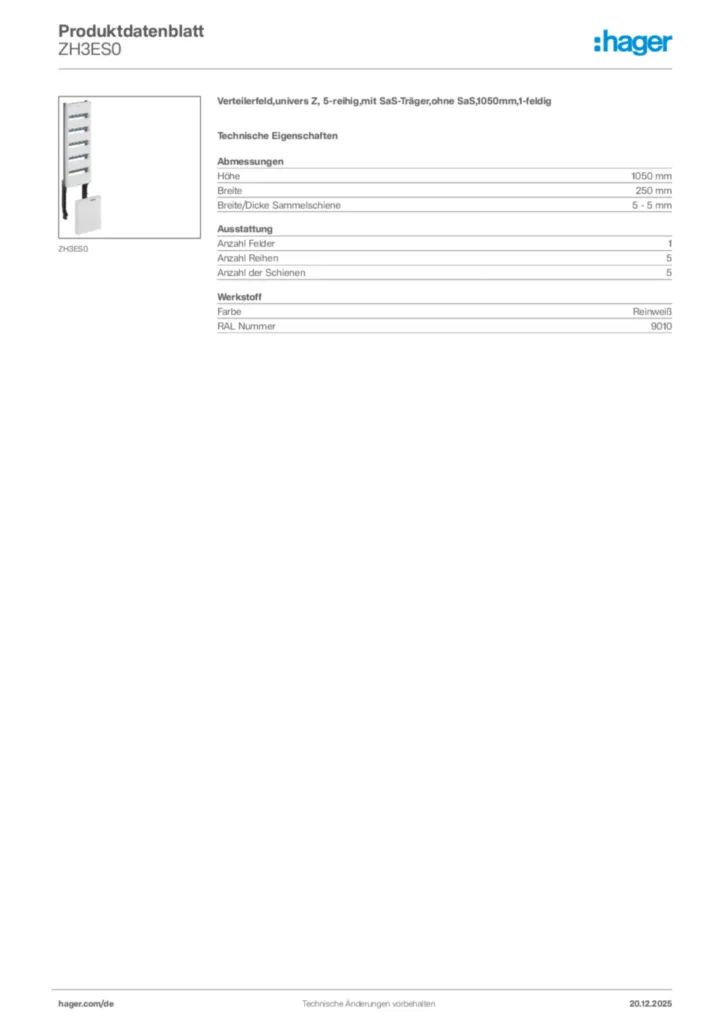 Bild Hager Produktdatenblatt ZH3ES0 | Hager Deutschland