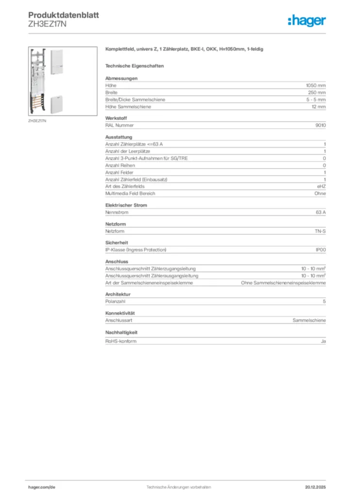Bild Hager Produktdatenblatt ZH3EZ17N | Hager Deutschland