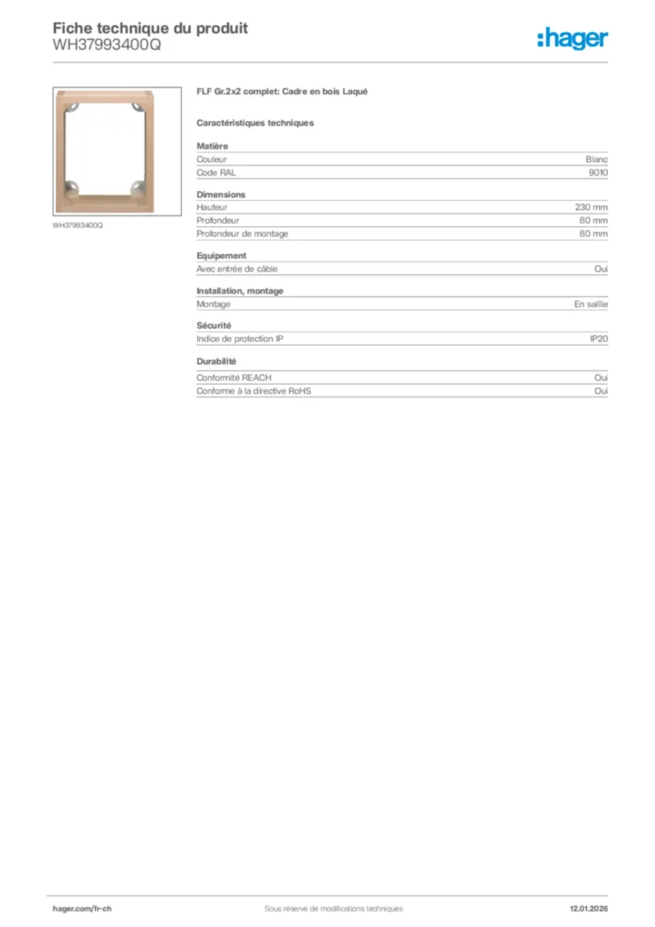 Image Hager Fiche technique du produit WH37993400Q | Hager Suisse