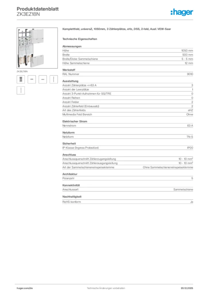 Bild Hager Produktdatenblatt ZK3EZ18N | Hager Deutschland