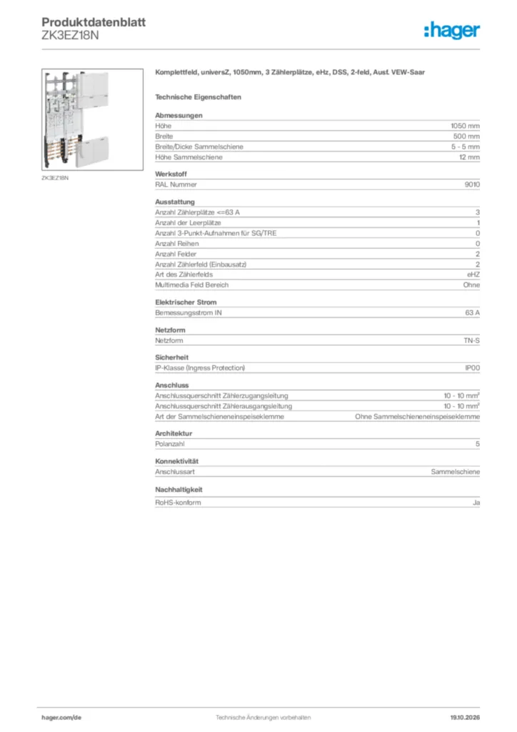 Bild Hager Produktdatenblatt ZK3EZ18N | Hager Deutschland