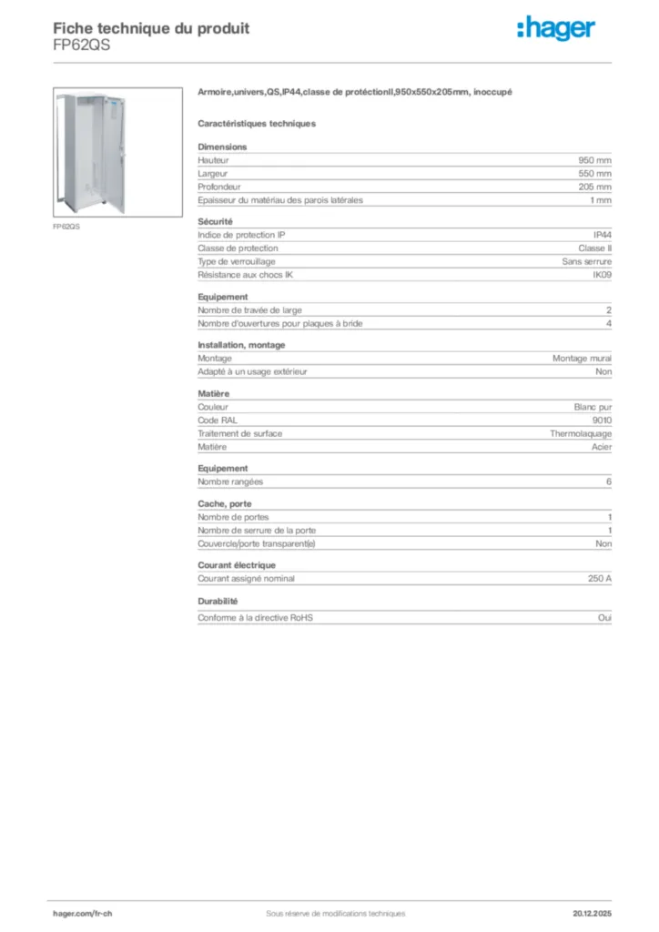 Image Hager Fiche technique du produit FP62QS | Hager Suisse