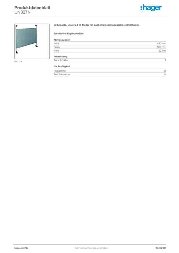 Bild Hager Produktdatenblatt UN32TN | Hager Deutschland