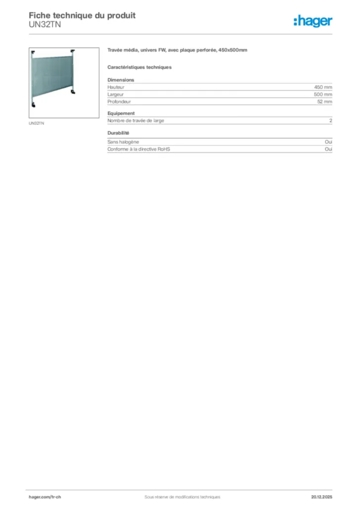 Image Hager Fiche technique du produit UN32TN | Hager Suisse