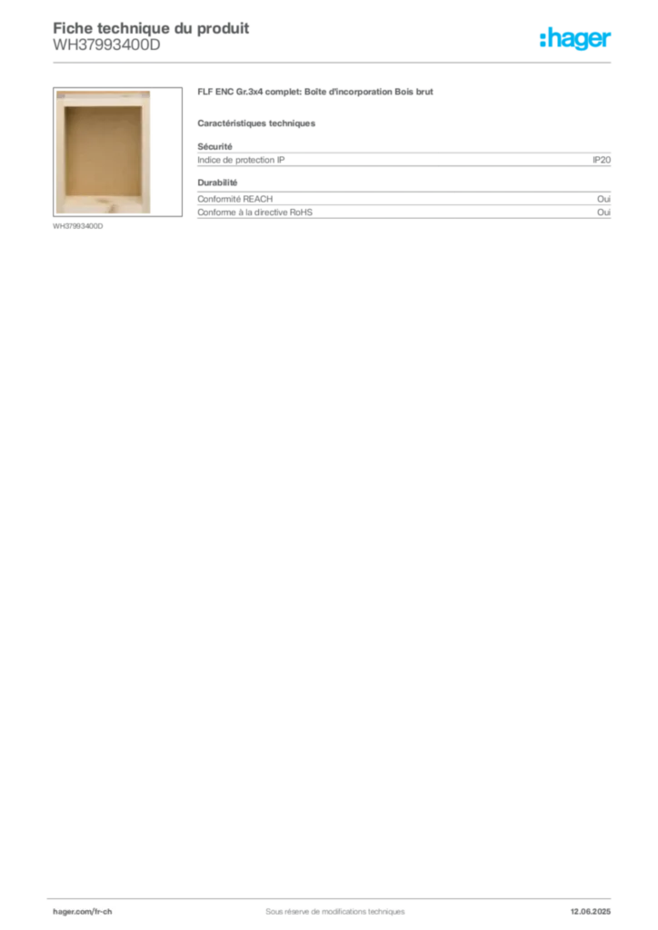 Image Hager Fiche technique du produit WH37993400D | Hager Suisse