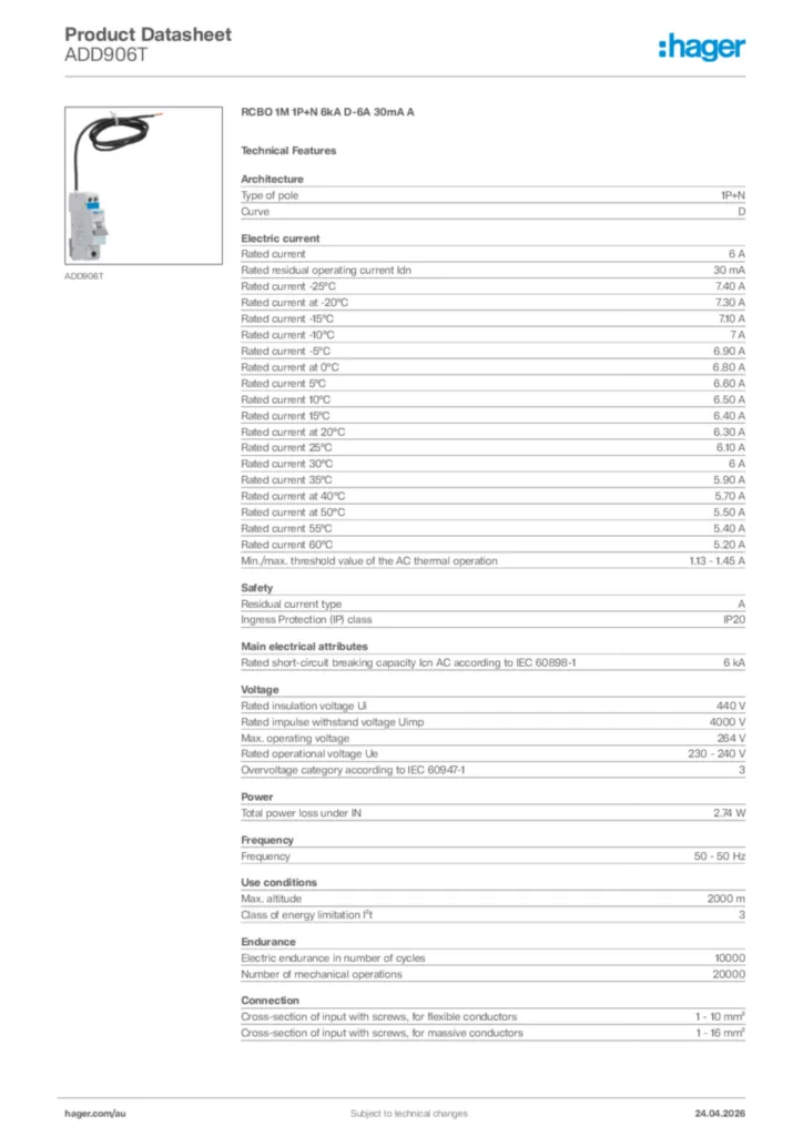 Image Hager Product data sheet ADD906T  | Hager Australia
