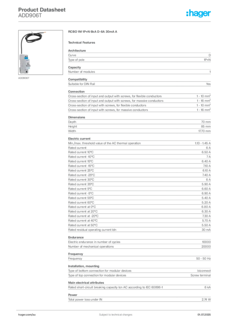 Image Hager Product data sheet ADD906T  | Hager Australia