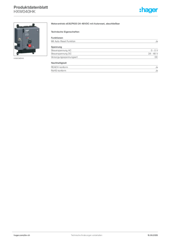 Bild Hager Produktdatenblatt HXW040HK | Hager Schweiz