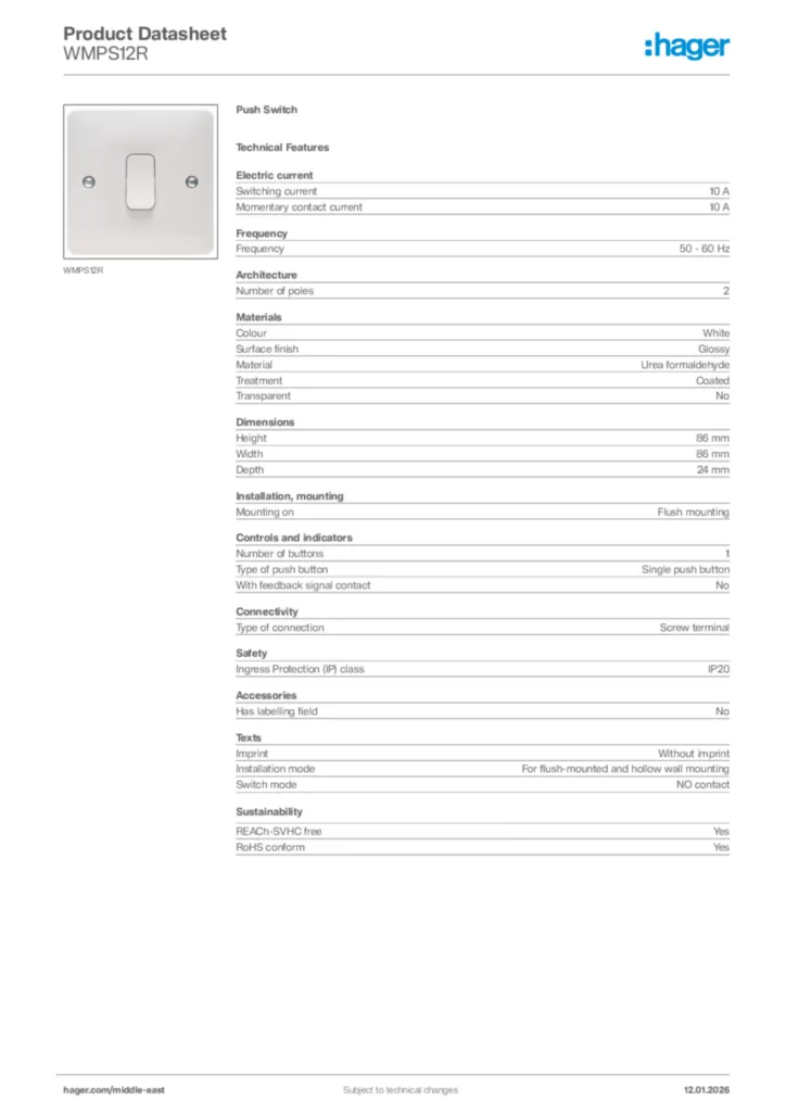 Image Hager Product data sheet WMPS12R  | Hager