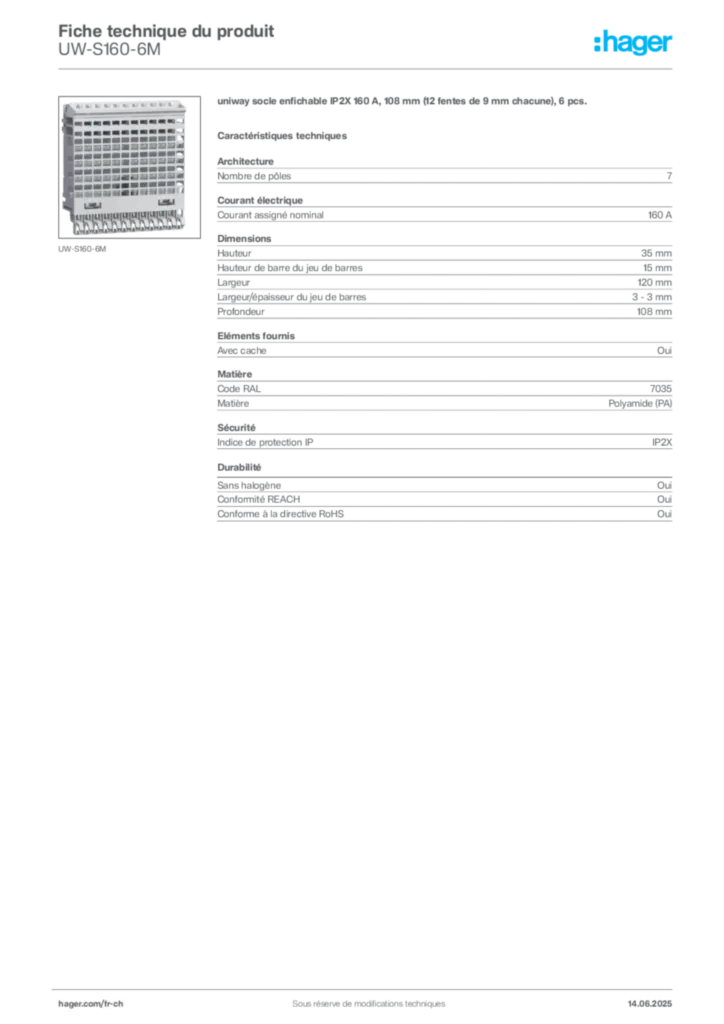 Image Hager Fiche technique du produit UW-S160-6M | Hager Suisse