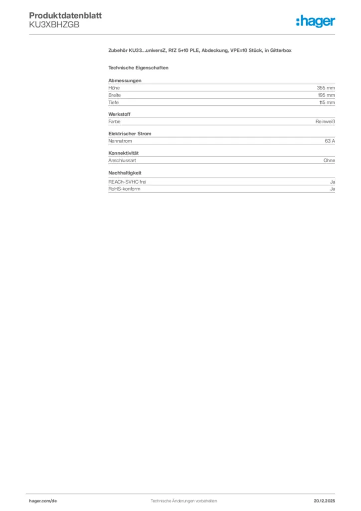 Bild Hager Produktdatenblatt KU3XBHZGB | Hager Deutschland