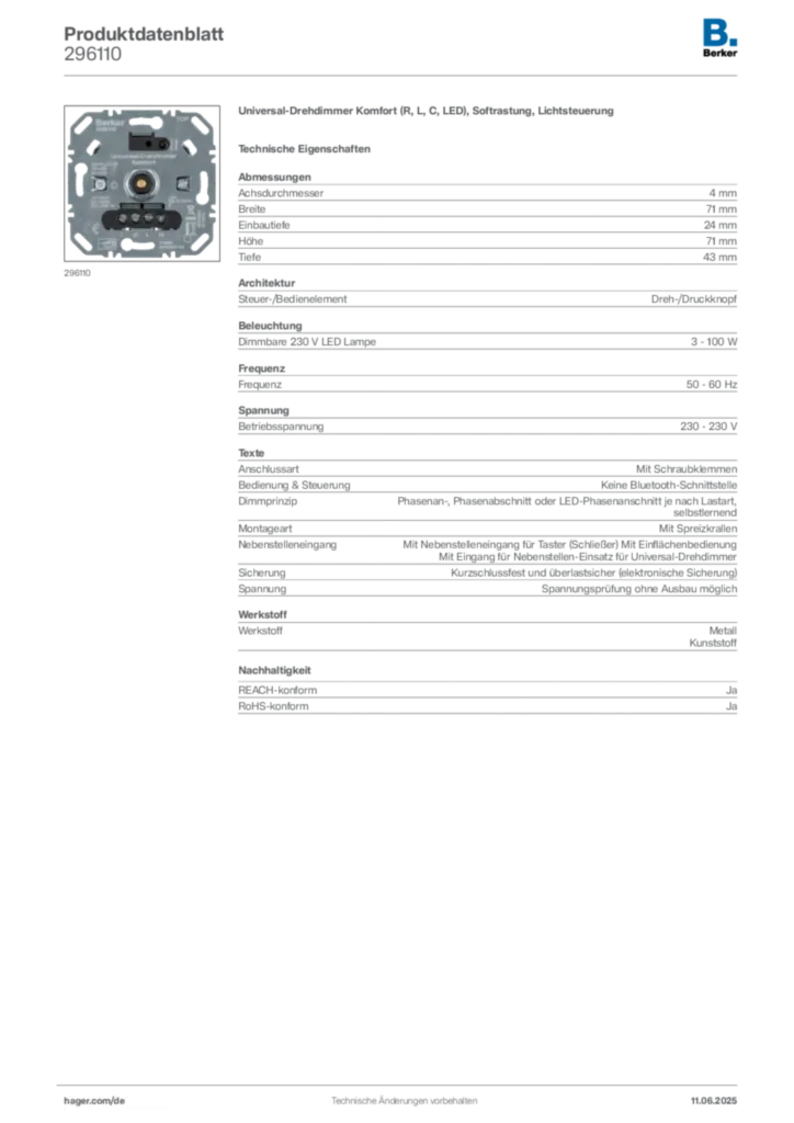 Bild Berker Produktdatenblatt 296110 | Hager Deutschland
