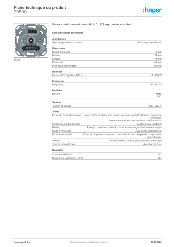 Image Hager Fiche technique du produit 296110 | Hager Belgique