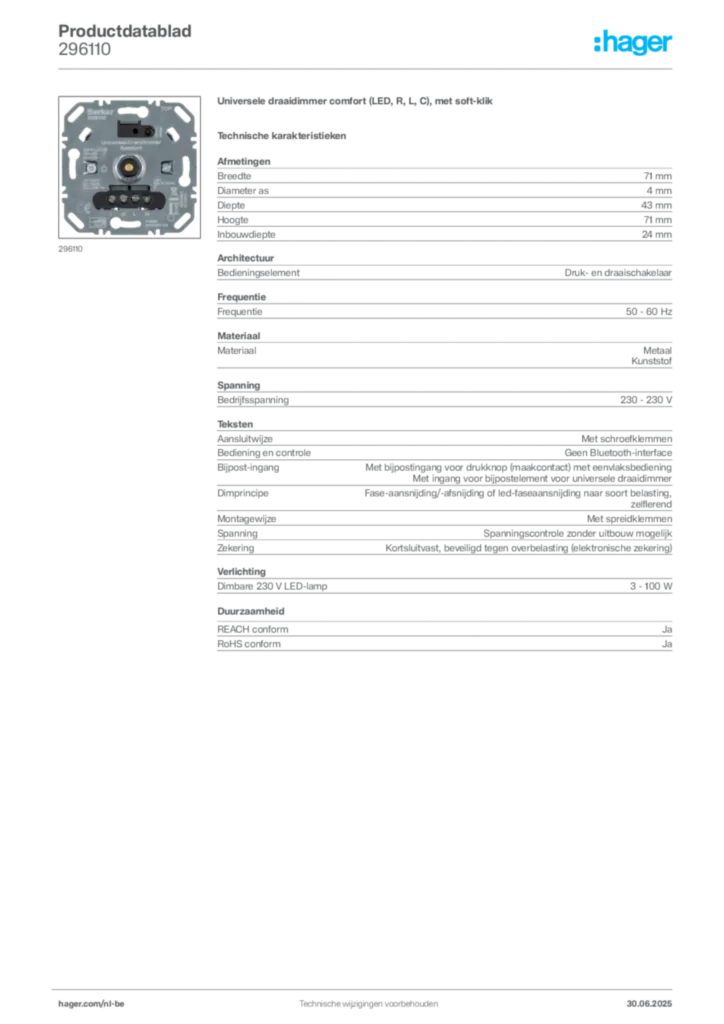 Afbeelding Hager Productdatablad 296110 | Hager Belgium