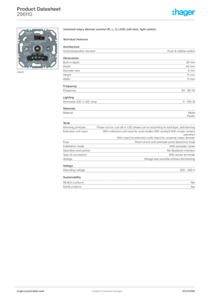 Image Hager Product data sheet 296110  | Hager