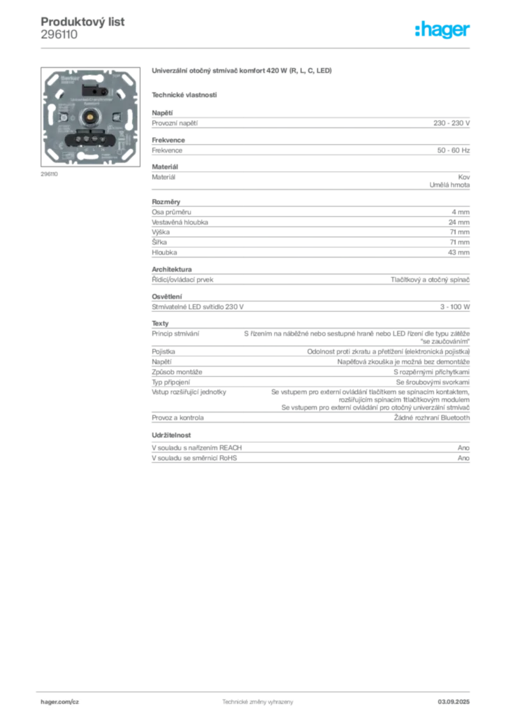 Obrázek Hager Produktový list 296110 | Hager