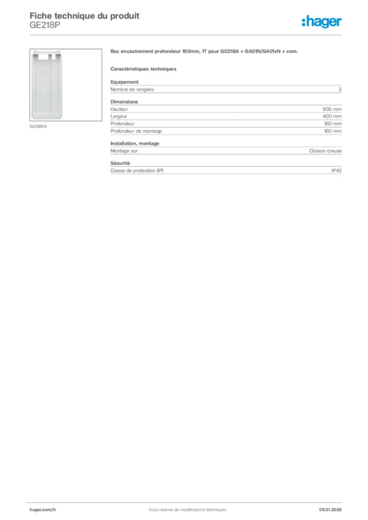Image Hager Fiche technique du produit GE218P | Hager France