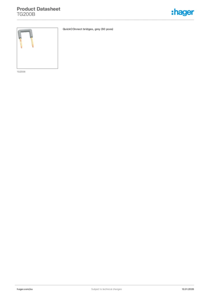 Image Hager Product data sheet TG200B  | Hager Australia