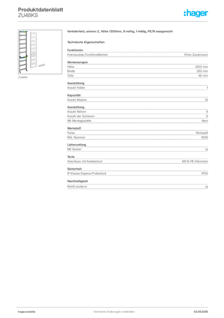 Bild Hager Produktdatenblatt ZU48KS | Hager Deutschland