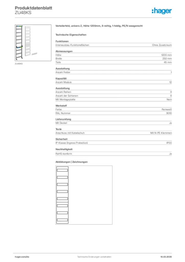 Bild Hager Produktdatenblatt ZU48KS | Hager Deutschland