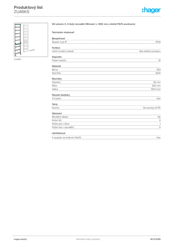 Obrázek Hager Produktový list ZU48KS | Hager