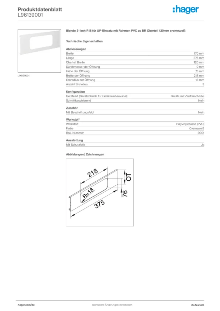 Bild Hager Produktdatenblatt L96139001 | Hager Deutschland