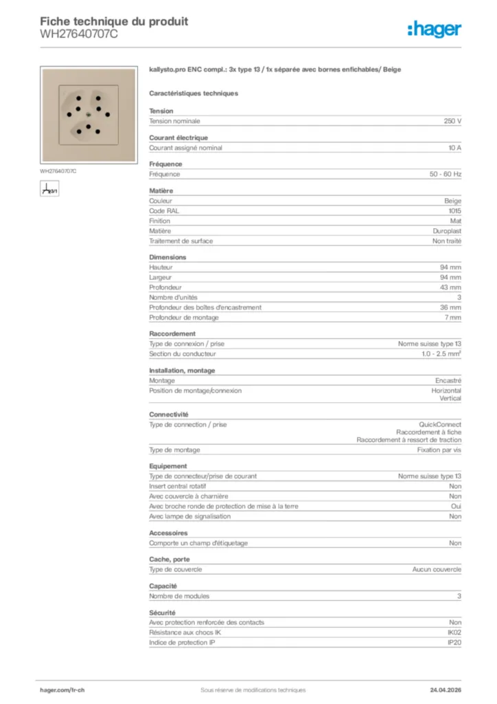 Image Hager Fiche technique du produit WH27640707C | Hager Suisse
