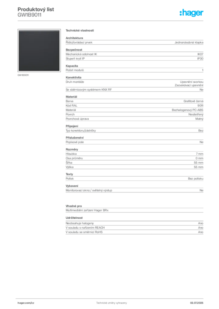 Obrázek Hager Produktový list GW1B9011 | Hager