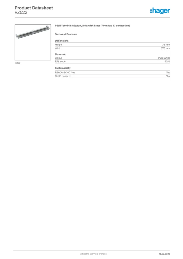 Image Hager Product data sheet VZ522  | Hager Africa