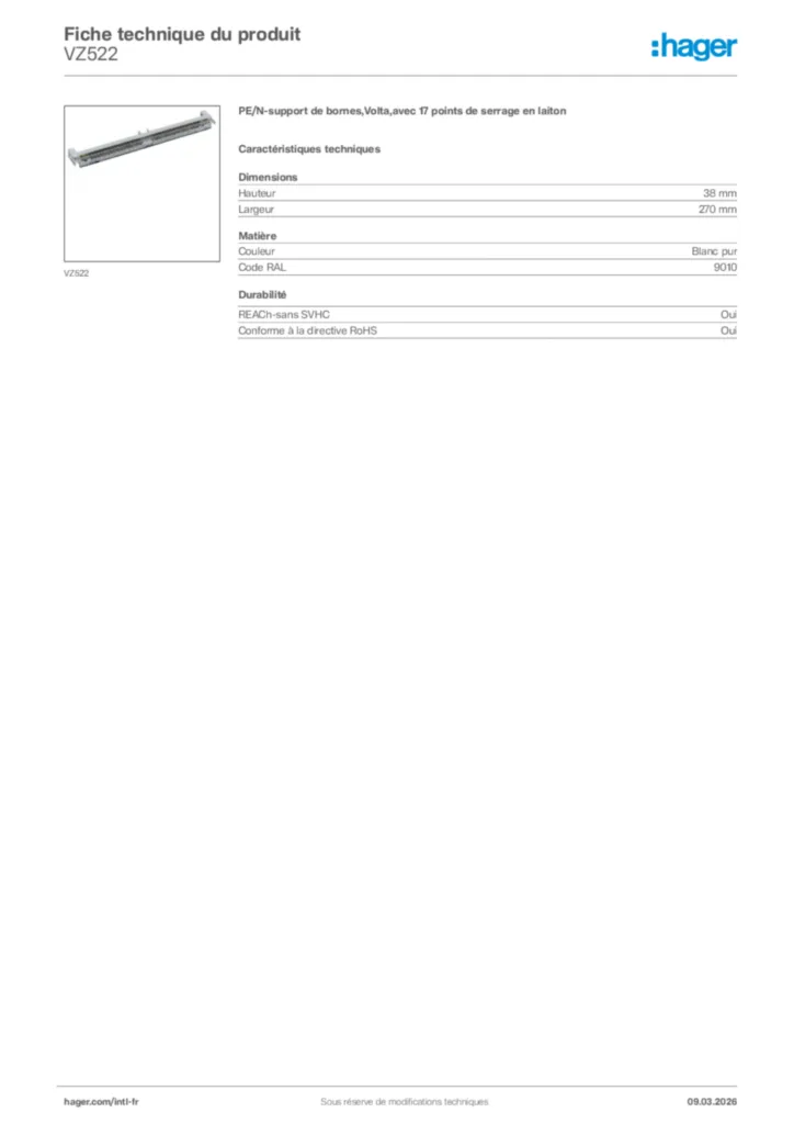 Image Hager Fiche technique du produit VZ522 | Hager Afrique