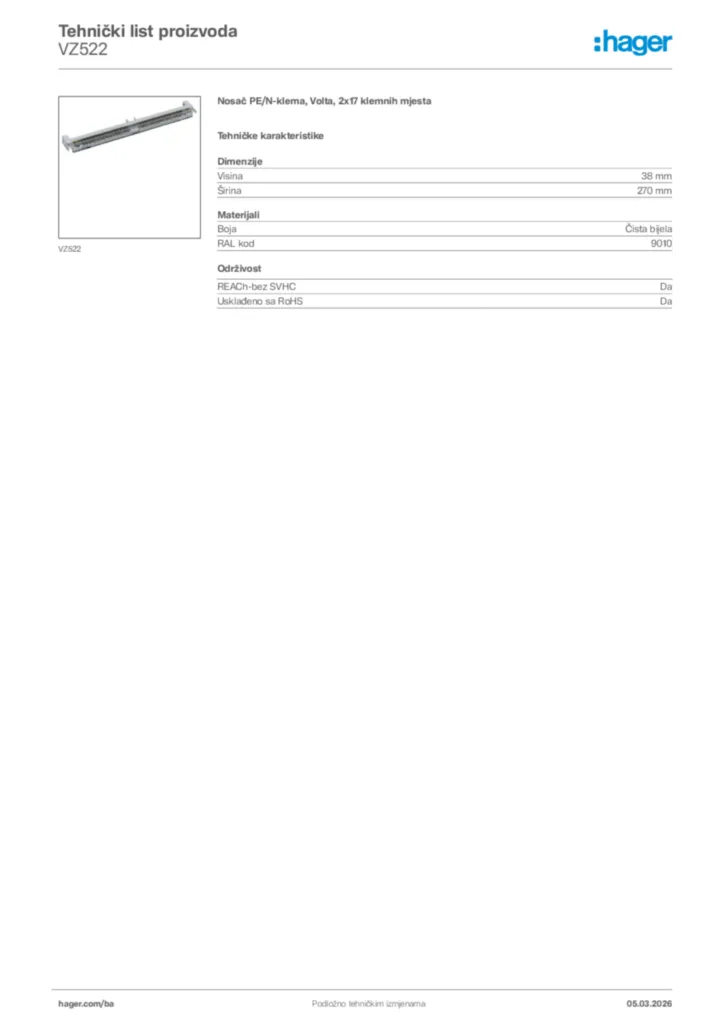 Slika Hager Tehnički list proizvoda VZ522  | Hager