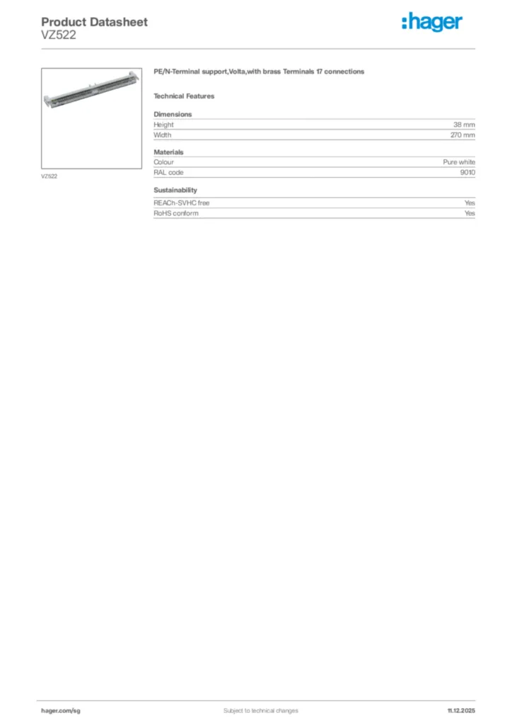Image Hager Product data sheet VZ522  | Hager