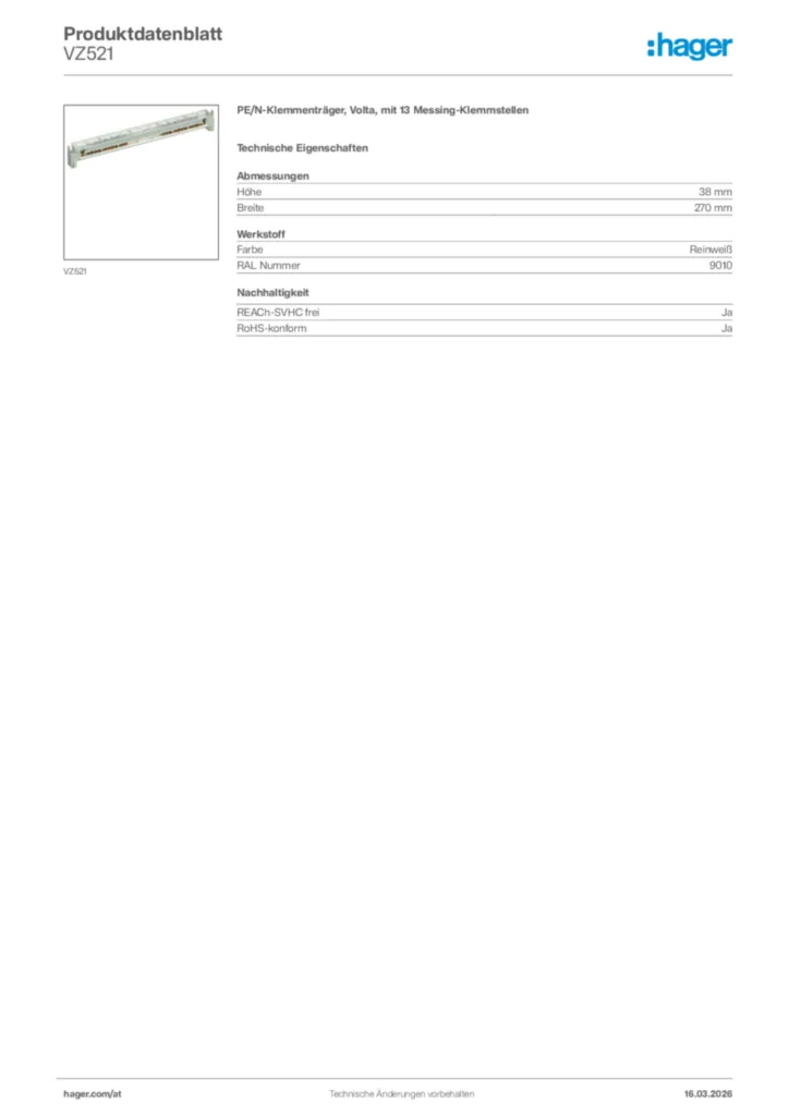 Bild Hager Produktdatenblatt VZ521 | Hager Deutschland
