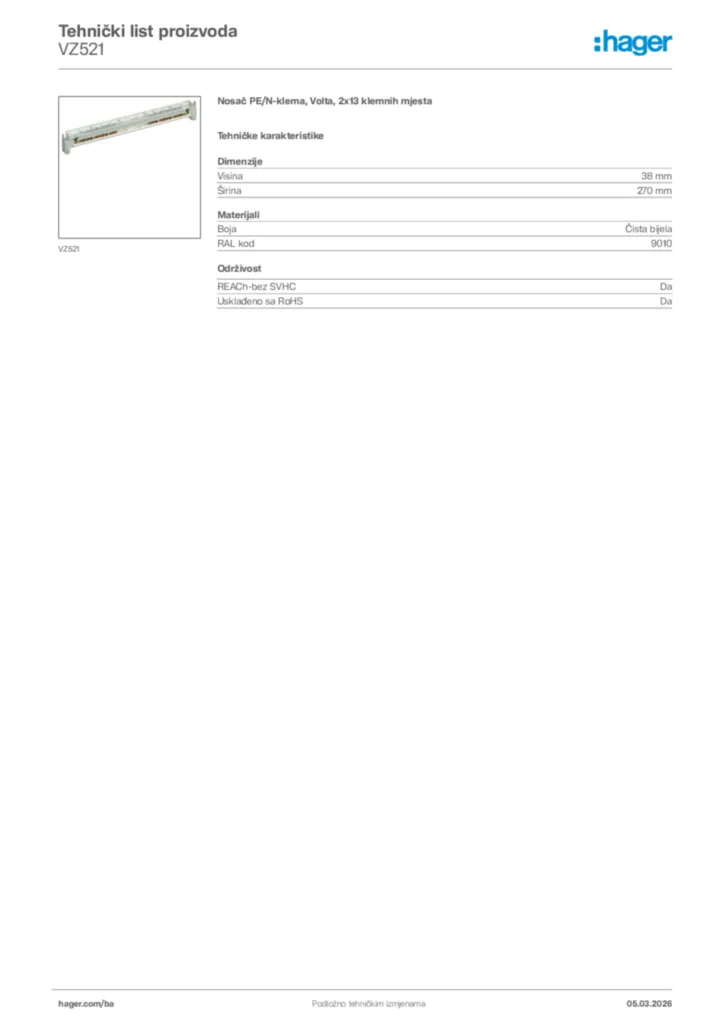 Slika Hager Tehnički list proizvoda VZ521  | Hager